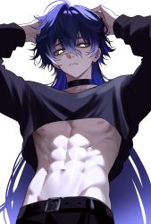 1boy abs absurdres ahoge alternate_costume antenna_hair arms_up bad_tag bags_under_eyes belt black_belt black_choker black_pants blue_hair choker closed_mouth collarbone commentary contemporary crop_top english_commentary expressionless flins_(genshin_impact) from_below genshin_impact glowing glowing_eyes gradient_hair hands_on_own_head head_tilt highres huge_ahoge long_hair long_sleeves looking_down ma male_focus merururuu multicolored_hair navel nipples no_pupils pants shade simple_background solo standing stomach unfinished upper_body wavy_hair white_background