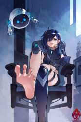 1girl ayase_yuu barefoot black_hair blue_eyes crossed_legs feet highres long_hair looking_at_viewer phase_connect sitting smile soles toes yeougui