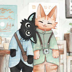 2boys :3 bag black_fur blue_shirt bright_pupils brown_fur camera cat_boy checkered_clothes closed_eyes desk furry furry_male head_tilt indoors looking_at_another male_focus multiple_boys nabatabatabata open_mouth original shirt shoulder_bag standing white_pupils