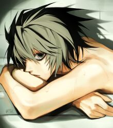 bags_under_eyes bath bathtub black_eyes black_hair death_note highres l_(death_note) lips male_focus nude rtgo sanpaku solo wet wet_hair