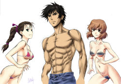 00s 1boy 2girls abs bandeau bikini black_bikini black_hair breasts brown_eyes brown_hair c-string character_request denim green_eyes gunparade_orchestra long_hair looking_at_viewer maebari mcq micro_bikini multiple_girls muscular pants pink_bikini polka_dot polka_dot_bikini polka_dot_swimsuit ponytail short_hair simple_background smile strapless_bottom swimsuit topless_female topless_male white_background