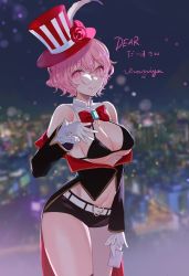 1girl :q arm_at_side bare_shoulders belt black_bra black_coat black_shorts blurry bow bowtie bra breasts buckle city city_lights cityscape cleavage closed_mouth clothes_down coat collar commentary commission depth_of_field detached_collar eyelashes eyeshadow feathers female_focus flower gem gloves groin hand_up hat hat_flower heart heart-shaped_buckle highres holding holding_letter lens_flare letter long_sleeves looking_at_viewer lowleg lowleg_shorts makeup mascara medium_breasts micro_shorts midriff_peek miyako_(xxxbibit) monocle night night_sky original pink_eyes pink_hair red_bow red_bowtie red_coat red_hat rimless_eyewear short_hair shorts signature sky smile solo standing string_bra string_pull symbol-only_commentary tailcoat tongue tongue_out top_hat two-tone_headwear underboob underwear white_belt white_collar white_gloves white_hat