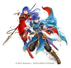Rule 34 | 1boy, 1girl, armor, blue eyes, blue hair, boots, bracelet, breastplate, caeda (fire emblem), cape, commentary request, company name, fingerless gloves, fire emblem, fire emblem: mystery of the emblem, fire emblem heroes, full body, gloves, holding, holding polearm, holding sword, holding weapon, jewelry, knee boots, long hair, marth (fire emblem), nintendo, official art, polearm, red boots, short hair, simple background, sword, tiara, torn clothes, two-sided cape, two-sided fabric, weapon, white background, yamada koutarou