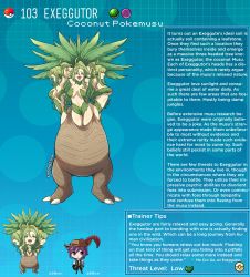 Rule 34 | 1boy, 3girls, artist name, character name, character profile, commentary, dryad, english commentary, english text, exeggutor, gen 1 pokemon, green hair, hat feather, highres, kinkymation, monster girl, multiple girls, nintendo, personification, plant girl, poke ball, poke ball (basic), pokemon, purple hair, reference sheet, tree