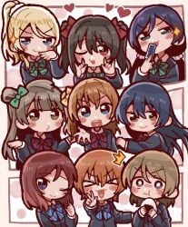 Rule 34 | &gt; &lt;, 6+girls, :3, absurdres, ayase eli, black hair, blazer, blonde hair, blue bow, blue bowtie, blue eyes, blue hair, blush, bow, bowtie, brown hair, card, chibi, eating, everyone, food, green bow, green bowtie, green eyes, hair between eyes, hair bow, hair ornament, hair rings, hair scrunchie, hand up, hands up, heart, henyomen, highres, holding, holding card, hoshizora rin, jacket, koizumi hanayo, kosaka honoka, long hair, long sleeves, looking at viewer, love live!, love live! school idol project, low twintails, minami kotori, multiple girls, nico nico nii, nishikino maki, one eye closed, one side up, onigiri, open mouth, orange hair, otonokizaka school uniform, outstretched hand, pink scrunchie, ponytail, purple eyes, purple hair, reaching, reaching towards viewer, red bow, red bowtie, red eyes, red hair, school uniform, scrunchie, short hair, single hair ring, smile, sonoda umi, striped bow, striped bowtie, striped clothes, teeth, tojo nozomi, twintails, twirling hair, upper teeth only, v, white scrunchie, winter uniform, yazawa nico, yellow bow, yellow eyes