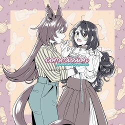 2girls animal_ears artist_name black_hair blue_pants blush borrowed_character bottle breasts commentary_request commission cowboy_shot curly_hair dress_shirt ear_ornament female_trainer_(umamusume) flustered frilled_shirt frills fumi_amashiro_(rune_amashiro) gaman hands_up heart heart-shaped_pupils high-waist_pants highres holding_tape_measure horse_ears horse_girl horse_tail korean_commentary large_breasts limited_palette long_hair long_sleeves measuring multiple_girls oc_x_canon open_mouth original pants parted_lips pendant_choker perfume_bottle red_eyes second-party_source shirt sirius_symboli_(umamusume) skirt standing star_pendant striped_clothes striped_shirt symbol-shaped_pupils tail tape_measure trainer_(umamusume) umamusume vertical-striped_clothes vertical-striped_shirt watch wristwatch