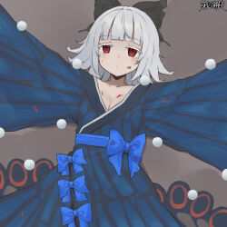 1girl black_bow blood blood_on_clothes blood_on_face blue_bow bow breasts cleavage dairoku_ryouhei dress expressionless hair_bow japanese_clothes kimono looking_at_viewer lumerie_maleficarum lying moti on_back red_eyes solo solo_focus white_hair