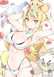 1girl abra absurdres alternate_costume bikini blonde_hair blush breasts chest_jewel cleavage creatures_(company) crossover daive dedenne earrings front-tie_bikini_top front-tie_top game_freak gen_1_pokemon gen_5_pokemon gen_6_pokemon gen_8_pokemon highres jewelry kubfu large_breasts larvesta legendary_pokemon looking_at_viewer magnemite midriff mythra_(xenoblade) navel nintendo o-ring o-ring_bikini on_head poke_ball poke_ball_(basic) pokemon pokemon_(creature) pokemon_on_head simple_background smile staryu swimsuit tiara white_background white_bikini xeno_(series) xenoblade_chronicles_(series) xenoblade_chronicles_2 yellow_eyes