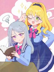 2girls :d adjusting_eyewear annoyed artist_name blonde_hair blue_dress blue_gemstone blue_jacket blush book bow bowtie brooch collared_shirt commentary copyright_notice cropped_jacket desk dot_nose dress english_text furrowed_brow gem green_eyes grey-framed_eyewear grey_hair hair_ornament hairpin hand_on_own_hip hands_up haru_(haru1bc6c4) highres himitsu_no_aipri holding holding_book igarashi_julia jacket jewelry long_hair long_sleeves looking_at_viewer multiple_girls one_eye_closed open_clothes open_jacket open_mouth paradise_private_academy_school_uniform pink_background pink_bow pink_bowtie pleated_dress pout pretty_series purple_eyes rokudou_elle round_eyewear school_uniform shirt sitting smile sparkle speech_bubble spoken_squiggle squiggle standing straight_hair symbol-only_commentary twitter_username two-tone_background v-shaped_eyebrows wavy_hair white_background white_shirt