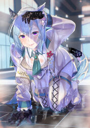 1girl absurdres animal_ears arm_up black_gloves blue_hair blue_necktie blurry blurry_background boots closed_mouth commentary_request doushi_tatsu_to_dekkai_no gloves hair_between_eyes highres horse_ears horse_girl horse_tail indoors jacket jacket_partially_removed long_hair looking_at_viewer mejiro_ardan_(neige_emeraude)_(umamusume) mejiro_ardan_(umamusume) necktie official_alternate_costume pool poolside purple_eyes shirt short_necktie smile solo tail thigh_boots tile_floor tiles umamusume vest wet wet_clothes wet_gloves wet_hair wet_jacket wet_shirt white_boots
