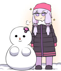 1girl beanie doyagao gloves hat highres jacket pink_hair purple_eyes rantana_(lalalalackluster) smug snow snowman solo voiceroid yuzuki_yukari