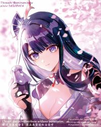 1girl aminww_amingming armor breasts bridal_gauntlets cherry_blossoms chinese_commentary cleavage commentary_request dutch_angle facebook_username falling_petals genshin_impact hair_ornament holding instagram_username japanese_clothes kimono large_breasts mole mole_under_eye obi pauldrons petals pink_petals pixiv_id purple_eyes purple_hair purple_kimono raiden_shogun sash shoulder_armor shrug_(clothing) single_pauldron smile solo threads_username twitter_username upper_body watermark