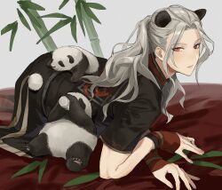 Rule 34 | 1boy, all fours, animal, animal ears, bamboo, bed sheet, bishounen, chinese clothes, commentary request, cub, ensemble stars!, full body, grey background, grey hair, highres, jiz (pffbq), kemonomimi mode, long hair, looking at viewer, male focus, panda, panda boy, panda ears, panda tail, parted lips, ponytail, ran nagisa, red eyes, short sleeves, solo, sweet sweet hunger (ensemble stars!)