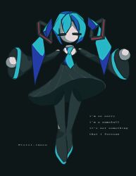 1girl artist_name black_background black_boots black_skirt blue_hair blue_necktie boots closed_eyes colored_skin commentary detached_arm detached_hair detached_legs english_commentary english_text facing_viewer full_body hair_ornament hatsune_miku highres long_hair long_sleeves lyrics necktie no_neck numskull_(vocaloid) simple_background skirt solo totoi_imasu twintails vocaloid white_skin