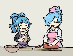 2girls alternate_costume apron blue_hair cooking cutting_board fire_emblem fire_emblem_fates fire_emblem_heroes high_ponytail lowres multiple_girls nintendo open_mouth peri_(fire_emblem) pink_hair pirihiba ponytail purple_apron reginn_(fire_emblem) slicing smile