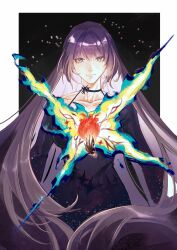 00quanta 1boy 1girl absurdres black_choker black_coat blunt_bangs border chinese_commentary choker closed_mouth coat collarbone commentary_request dress falling hair_down hair_flowing_over heart_(organ) highres holding_heart_(organ) honkai_(series) honkai_impact_3rd kevin_kaslana long_coat long_hair long_sleeves looking_at_viewer mei_(honkai_impact) night night_sky outside_border purple_dress purple_eyes purple_hair sky solo_focus star_(sky) upside-down white_border white_hair wide_sleeves