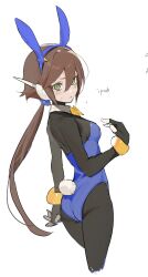 Rule 34 | 1girl, aile (mega man zx), animal ears, black bodysuit, blue leotard, bodysuit, bodysuit under clothes, breasts, brown hair, cowboy shot, fake animal ears, fake tail, from behind, green eyes, highleg, highleg leotard, highres, leotard, long hair, looking at viewer, mayutsuba mono, medium breasts, mega man (series), mega man zx, mega man zx advent, playboy bunny, ponytail, rabbit ears, rabbit tail, robot ears, simple background, solo, strapless, strapless leotard, tail, white background