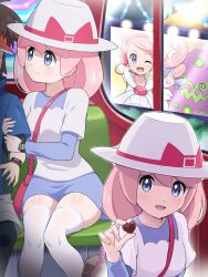 1boy 1girl absurdres bag blue_eyes blue_jacket blue_skirt blush bodysuit bodysuit_under_clothes bow breasts brown_hair candy chocolate chocolate_heart closed_mouth ferris_wheel food gen_4_pokemon hairband hat headset heart heart-shaped_food highres holding holding_chocolate holding_food idol jacket long_hair looking_at_viewer medium_hair mole mole_under_eye nate_(pokemon) nintendo one_eye_closed open_mouth pink_bag pink_hair pink_hairband pokemoa pokemon pokemon_(creature) pokemon_bw2 pokestar_studios shirt short_hair shorts shoulder_bag sitting skirt smile spiritomb thighhighs thighs visor_cap white_hat white_shirt white_thighhighs xtransceiver yancy_(pokemon)