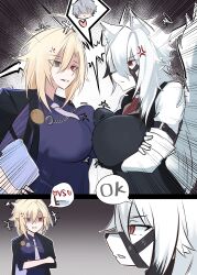 1boy 2girls anger_vein animal_ears asuna_(user_agnu3725) blonde_hair breast_press breasts cross furry furry_female genderswap genderswap_(mtf) heterochromia highres hugo_vlad lapel_pin large_breasts multiple_girls muzzle_(mask) necktie pointy_ears purple_necktie purple_shirt red_eyes shirt speech_bubble upper_body von_lycaon white_fur wise_(zenless_zone_zero) wolf_ears wolf_girl zenless_zone_zero