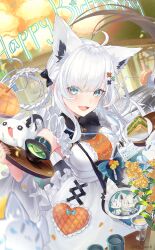 1girl absurdres ahoge animal_ear_fluff animal_ears apron bamboo_shoot blush bow braid cake commentary cup detached_sleeves dress earrings extra_ears food fox_ears fox_girl fox_tail frills green_eyes hair_between_eyes hair_bow hair_ornament highres holding holding_tray hololive jewelry long_hair looking_at_viewer makigaihe official_alternate_costume open_mouth shirakami_fubuki shirakami_fubuki_(8th_costume) sidelocks single_braid smile solo tail tray virtual_youtuber white_dress white_hair