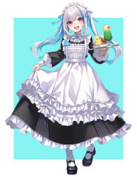 1girl a-er_(akkij0358) apron bird black_dress black_shoes blue_background blue_hair blue_ribbon border cherry commentary_request cup dress drinking_glass food frilled_dress frills fruit full_body hair_ribbon hand_up holding holding_tray hurricane_glass ice_cream ice_cream_float light_blush lize_helesta lize_helesta_(9th_costume) long_dress long_hair long_sleeves looking_at_viewer maid maid_apron maid_headdress mary_janes melon_soda monocle multicolored_hair name_tag nijisanji open_mouth outside_border puffy_long_sleeves puffy_sleeves purple_eyes ribbon sebastian_piyodore shoes sidelocks simple_background skirt_hold smile socks solo_focus standing streaked_hair tray twintails two-tone_hair virtual_youtuber white_apron white_border white_hair white_headdress white_socks yellow_bird