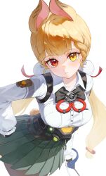 1girl absurdres alice_thymefield animal_ears blonde_hair breasts chest_bow eye_glitter eye_reflection fingerless_gloves gloves hair_ornament heterochromia highres long_hair looking_at_viewer orange_eyes pom_pom_(clothes) pom_pom_hair_ornament rabbit_ears rabbit_girl rabbit_tail rapier red_eyes reflection shirt simple_background skirt sphere_hair_ornament sword tail twintails weapon white_background white_shirt yamisroot yellow_eyes zenless_zone_zero