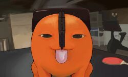 Rule 34 | black eyes, chainsaw, chainsaw man, creature, creature focus, goldenpenhd, highres, indoors, looking at viewer, meme, no humans, paddle, pochita (chainsaw man), table, table tennis paddle, tongue, tongue out, war devil (chainsaw man)