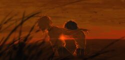 2boys belt bird black_hair black_pants blurry cloud cloudy_sky collared_shirt cropped_legs depth_of_field fishcoooo from_side grass grey_hair highres ikari_shinji male_focus monochrome multiple_boys nagisa_kaworu neon_genesis_evangelion outline pants red_outline red_theme shirt sky strangling sunset