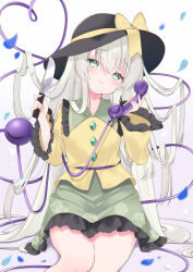 1girl alternate_hair_length alternate_hairstyle black_hat blouse bow buttons closed_mouth commentary corded_phone diamond_button floral_print frilled_shirt_collar frilled_skirt frilled_sleeves frills green_eyes green_hair green_skirt hair_flowing_over hat hat_bow hat_ribbon head_tilt heart heart_of_string holding holding_knife holding_phone knife komeiji_koishi long_hair long_sleeves looking_at_viewer phone print_skirt ribbon rose_print shirt sitting skirt smile solo third_eye tosakaoil touhou very_long_hair wide_sleeves yellow_bow yellow_ribbon yellow_shirt