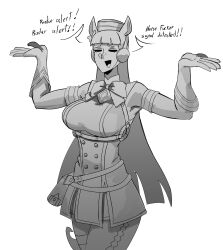 Rule 34 | 1girl, :d, = =, absurdres, animal ears, armband, bag, bare shoulders, blunt bangs, bow, bowtie, buttons, closed eyes, cupperexe, double-breasted, ear covers, english text, gloves, gold ship (umamusume), greyscale, hands up, hat, highres, horse ears, horse girl, long hair, lower teeth only, meme, monochrome, open mouth, pillbox hat, profanity, radar alert (meme), satchel, sleeveless, smile, teeth, umamusume, very long hair