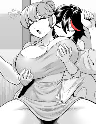 1futa 1girl age_difference breasts bulge closed_eyes erection erection_under_clothes futa_with_female futanari grabbing_another&#039;s_breast grabbing_from_behind groping huge_breasts huge_penis kill_la_kill looking_at_viewer mankanshoku_sukuyo matoi_ryuuko monochrome open_mouth penis tekkin_papa