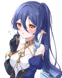 alternate_hairstyle bare_shoulders black_gloves blue_hair detached_sleeves fidgeting genshin_impact gloves highres kiiiii254 layla_(genshin_impact) orange_eyes pointy_ears ponytail simple_background