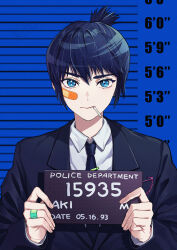 1boy absurdres bandaid bandaid_on_face bandaid_on_hand bandaid_on_nose barbie_mugshot_(meme) black_hair black_jacket black_necktie black_suit blue_eyes chainsaw_man cigarette commentary formal_clothes hayakawa_aki height_chart highres holding holding_sign jacket kiunchiku male_focus meme mouth_hold mugshot necktie sign smoking solo suit topknot upper_body