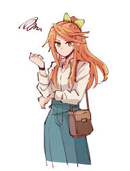 1girl alonemistrist bag bow brown_bag closed_mouth etie_(fire_emblem) fire_emblem fire_emblem_engage green_bow green_eyes hair_bow handbag long_hair long_sleeves looking_down nintendo orange_hair shirt sidelocks solo squiggle white_background white_shirt