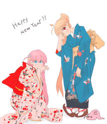 2girls absurdres ahoge back_bow blonde_hair blue_eyes blue_kimono bocchi_the_rock! bow commentary_request cube_hair_ornament english_text floral_print floral_print_kimono geta gotoh_hitori gotoh_hitori_(tsuchinoko) hair_ornament happy_new_year highres ijichi_nijika japanese_clothes kimono long_hair looking_at_viewer mentos_pepsi multiple_girls new_year obi pink_hair pink_kimono print_kimono red_eyes sandals sash side_ponytail simple_background socks squatting white_background white_socks