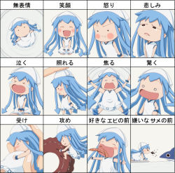 1girl angry blue_hair chibi multiple_expressions ikamusume jar long_hair mini-ikamusume mini_person minigirl multiple_views nora-toro shark shinryaku!_ikamusume shrimp smile tears