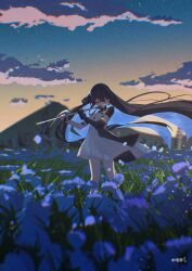 absurdres cityscape colored_inner_hair flower flute highres holding holding_instrument instrument iris_(flower) mechabare mechanical_arms mechanical_flower mechanical_hands multicolored_hair playing_flute playing_instrument punishing:_gray_raven puyuyan selena:_capriccio_(pgr) selena_(pgr) single_mechanical_arm sunset transverse_flute
