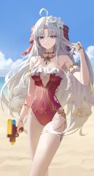 1girl absurdres ahoge aqua_eyes bare_shoulders blue_sky bow breasts carlotta_(splashing_summer)_(wuthering_waves) carlotta_(wuthering_waves) casual_one-piece_swimsuit closed_mouth commentary covered_navel cowboy_shot day flower grey_hair hair_bow hair_flower hair_ornament hand_up highleg highleg_one-piece_swimsuit highres holding holding_water_gun llami_0 long_hair looking_at_viewer medium_breasts off-shoulder_one-piece_swimsuit off_shoulder official_alternate_costume one-piece_swimsuit outdoors parted_bangs pink_bow pink_one-piece_swimsuit sky smile solo striped_bow swimsuit thighs very_long_hair water_gun white_flower wuthering_waves