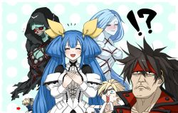 !? 1girl 3boys asymmetrical_wings bdsm black_hair blonde_hair blush bondage bound breasts cleavage closed_eyes dizzy_(guilty_gear) dress ebi_pri_shrimp eyepatch guilty_gear guilty_gear_xrd hair_rings headband highres ky_kiske large_breasts multiple_boys necro_(guilty_gear) open_mouth ponytail ribbon rope shibari sidelocks sin_kiske sol_badguy twintails undine_(guilty_gear) wings yellow_ribbon