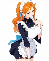 1girl animerch_x apron back_ribbon black_dress blue_ribbon breasts brown_eyes commentary cowboy_shot dress earrings english_commentary frilled_apron frilled_hairband frills hair_ribbon hairband high_ponytail highres jewelry large_breasts long_hair looking_at_viewer maid maid_apron maid_headdress nami_(one_piece) necklace official_alternate_costume one_piece orange_hair parted_lips pearl_earrings ponytail ribbon sidelocks solo turtleneck turtleneck_dress twitter_username wavy_hair white_apron white_background