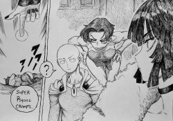 1boy 2girls anissa_(invincible) annoyed bald chronozbergh confused cramp fubuki_(one-punch_man) grin highres invincible_(series) monochrome multiple_girls one-punch_man pointing pointing_at_another saitama_(one-punch_man) short_hair smile telekinesis