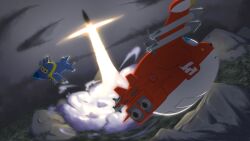 2boys ace_combat ace_combat_zero aerial_battle aim-9_sidewinder aircraft airplane ballistic_missile battle dogfight furgit highres jerome_(super_wings) jett_(super_wings) mecha multiple_boys no_humans non-web_source robot super_wings unmanned_aerial_vehicle zero_(duel)