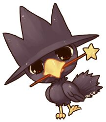 animal animal_focus beak bird creatures_(company) crow game_freak gen_2_pokemon holding looking_at_viewer mouth_hold murkrow nintendo no_humans onisuu pokemon pokemon_(creature) simple_background standing standing_on_one_leg wand white_background