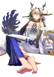 1girl arknights bare_shoulders barefoot bead_necklace beads blonde_hair blue_eyes blue_hair breasts brooch closed_mouth dragon_girl dragon_horns dragon_tail dress earrings eastern_dragon_tail expressionless feet foot_focus foreshortening gloves hair_between_eyes highres horns jewelry light_blush long_bangs long_hair long_sleeves long_tail looking_at_viewer multicolored_hair necklace off_shoulder on_floor pointy_ears shu_(arknights) simple_background small_breasts soles solo striped_clothes tail tiptoes toenails toes white_background white_dress white_hair yamauchi_(conan-comy)