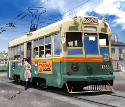 Rule 34 | 1girl, black shoes, blue sky, blue socks, brown hair, building, buttons, chutohampa, day, grey shirt, grey skirt, house, loafers, original, overhead line, people, shirt, shoes, signature, skirt, sky, socks, streetcar, vehicle focus, wide shot