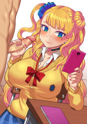 Rule 34 | 1boy, 1girl, black choker, blonde hair, blue eyes, blue scrunchie, blue skirt, blush, bow, bowtie, breasts, cardigan, cellphone, censored, chair, choker, closed mouth, clothed female nude male, collared shirt, commentary request, desk, earrings, galko, gyaru, hair ornament, hair scrunchie, handjob, heart, heart choker, hetero, holding, holding phone, jewelry, large breasts, long sleeves, mosaic censoring, multitasking, notebook, nt00, nude, oshiete! galko-chan, penis, phone, pink nails, plaid clothes, plaid skirt, red bow, red bowtie, school chair, school desk, school uniform, scrunchie, shirt, sitting, skirt, smartphone, solo focus, white shirt, yellow cardigan