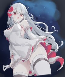 1girl absurdres bare_shoulders breasts bright_pupils commentary_request detached_sleeves dress drooling earrings frilled_sleeves frills from_below hair_ornament highres holding holding_weapon jewelry korean_commentary light_blush long_hair looking_at_viewer mawe127 medium_breasts multicolored_dress night night_sky open_mouth red_dress red_eyes rim_chaos_(trickcal) saliva sky sleeveless sleeveless_dress thigh_strap thighhighs thighs trickcal weapon white_hair white_pupils white_thighhighs