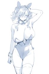 1girl animal_ears arm_up blue_theme blush bow bowtie breasts detached_collar fake_animal_ears goshiki_suzu hair_between_eyes hair_over_one_eye hand_on_own_head highleg highleg_leotard highres huge_breasts instant_loss large_breasts leotard long_hair looking_at_viewer monochrome original playboy_bunny rabbit_ears simple_background solo strapless strapless_leotard thighhighs tokiwa_nao wrist_cuffs