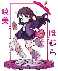 absurdres akemi_homura analog_clock bag bandaid bandaid_on_leg blue_eyes blush cat clock dant_low expressionless gears hair_ribbon handbag highres jacket kaname_madoka kyubey mahou_shoujo_madoka_magica purple_jacket ribbon shoes skirt sneakers soul_gem sparkle