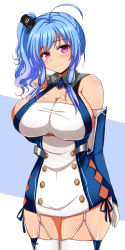1girl afuro ahoge arm_guards arms_behind_back azur_lane breasts buttons cleavage cleavage_cutout closed_mouth clothing_cutout collar cowboy_shot double-breasted dress elbow_gloves female_focus garter_straps gloves hand_on_own_chest head_tilt huge_breasts long_hair looking_at_viewer pink_eyes short_dress side_ponytail sidelocks skindentation sleeveless sleeveless_dress smile solo st._louis_(azur_lane) standing thighhighs two-tone_background wavy_hair white_dress white_gloves white_thighhighs zettai_ryouiki